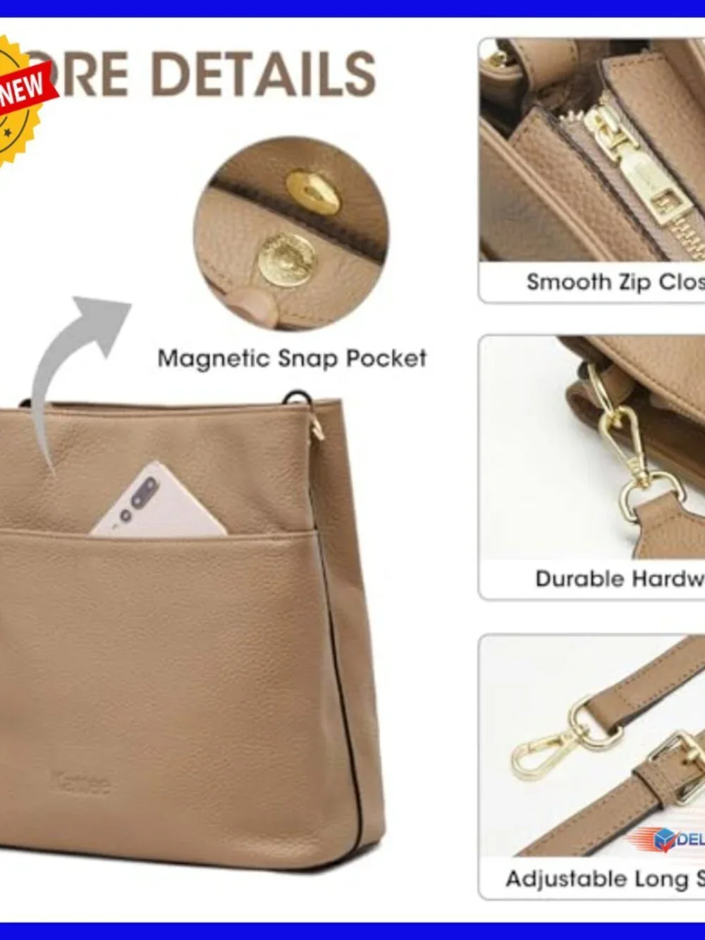 Leather Tote Crossbody Bucket Bag with 2 Detachable Straps, Fits Tablet